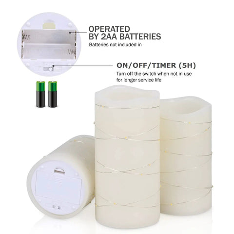Flameless Wax Pillar Candles Set Of 3 Ivory With Embedded String Lights LED Battery Powered And 5 Hour Cycling Timer