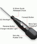 Cordless 3.6V Electric Screwdriver Set With LED Lamp featuring quick chuck, buttons, and USB charging port, ideal for DIY projects.