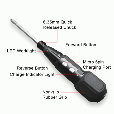 Cordless 3.6V Electric Screwdriver Set With LED Lamp featuring quick chuck, buttons, and USB charging port, ideal for DIY projects.