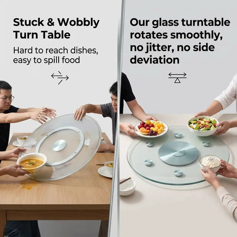 Comparison of stuck table and Tempered Glass Round Lazy Susan Turntable With 360 Degree Silent Spin for smooth access to dishes.