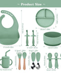 Product size chart of Ultra Safe Silicone Baby Feeding Set 13 Piece with suction bowl, plate, utensils, bib, cup, and toothbrush