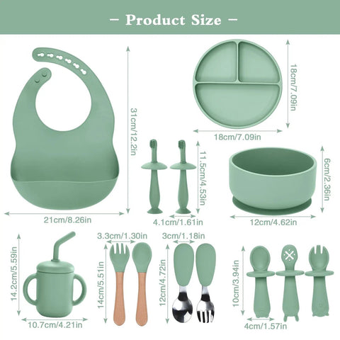 Product size chart of Ultra Safe Silicone Baby Feeding Set 13 Piece with suction bowl, plate, utensils, bib, cup, and toothbrush