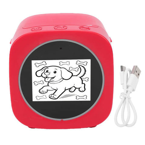 AI Sticker Printer With Voice Activated Label Maker And Thermal Printing Tech For Scrapbooking Perfect For Kids Adults With 2.4 Inch Display Rechargeable Battery For Family Game Nights showing red printer with dog graphic
