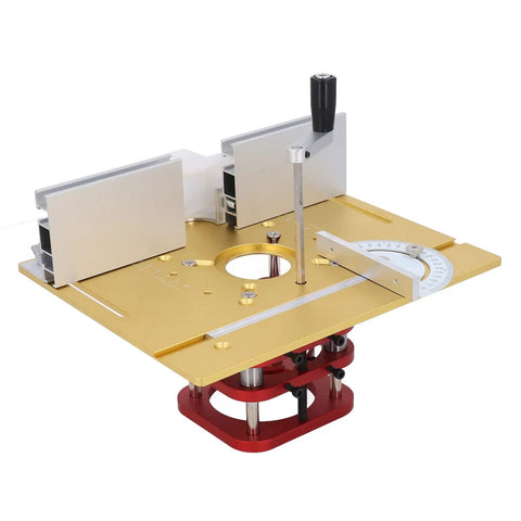 Rock Solid Aluminum Router Lift With Smooth Manual Height Adjustment Precision Workhorse For Woodworking and 64 To 66 Millimeter Router Motors, featuring gold surface and red frame.
