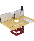 Manual Router Lift Rig With Knockout Precision Height Adjustments Badass Aluminum Frame And Four Jaw Clamp Secure Grip For 64 To 66mm Motors, gold aluminum plate with height adjustment lever.