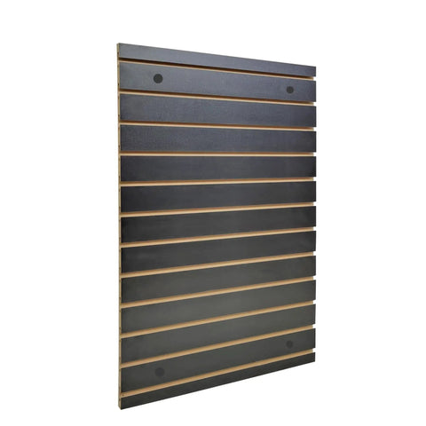 Side view of 24X36 Inch Black Slatwall Panel For Home Garage And Retail Displays With Three Inch On Center Grid, 12 slots visible