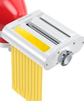 Jovan Home 3 In 1 Pasta Maker Attachment For Kitchenaid Stand Mixers with fresh fettuccine noodles being cut.