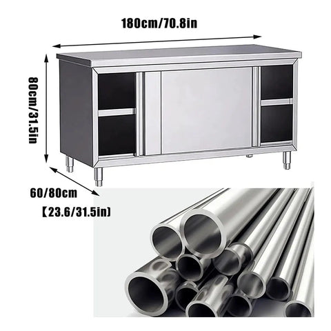 Heavy Duty Stainless Steel Prep Table With Smooth Slide Storage Cabinet, 180x80cm, commercial kitchen workbench with adjustable feet.