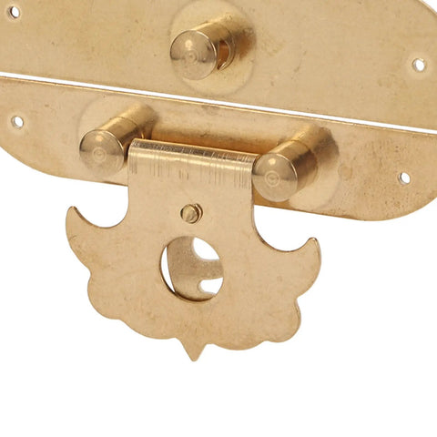 Close-up of Sturdy Brass Latch Hasp for Jewelry Box and Cabinet with vintage engraved pattern, Old School Retro Decorative Buckle Lock.