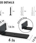 Beefy Heavy Duty Floating Shelf Brackets Set 0.2 Inch Thick Industrial Black Steel L Brackets size details with screws shown.