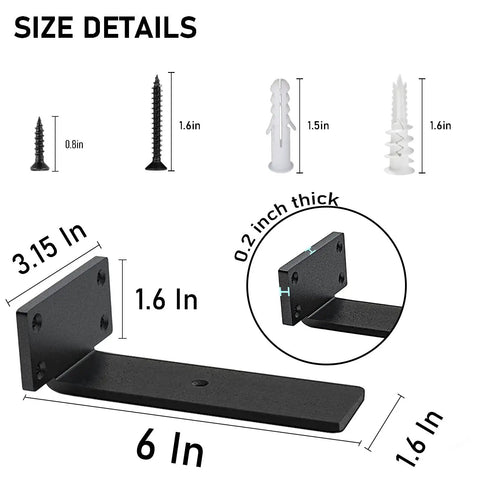 Beefy Heavy Duty Floating Shelf Brackets Set 0.2 Inch Thick Industrial Black Steel L Brackets size details with screws shown.