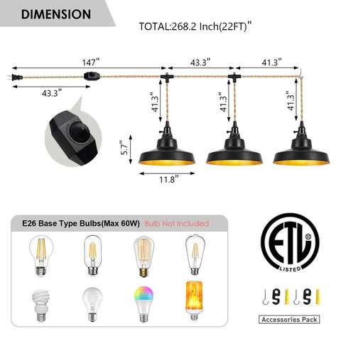 Dimensions of AMRUIPO 22FT Plug in Pendant Light Farmhouse Hanging Lamp Fixtures showing size and cord layout.