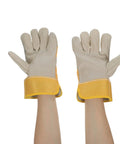 Tough As Nails Cowhide Split Finger Welding Gloves For Men, Heat Resistant Yellow Work Gloves With Serious Burn Protection, Rock Solid Industrial And Auto Repair Safety Gear, Two Pack hands up showing the split finger design.