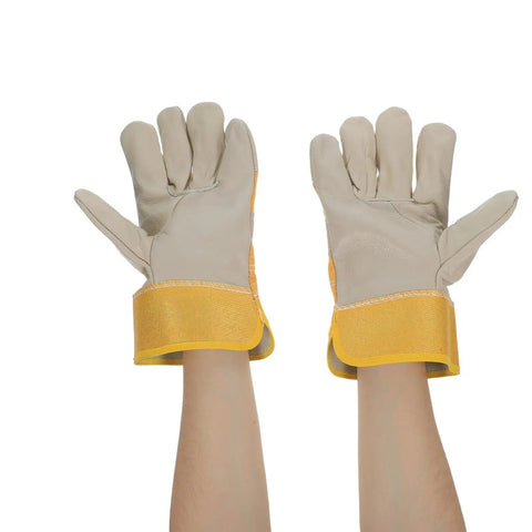Tough As Nails Cowhide Split Finger Welding Gloves For Men, Heat Resistant Yellow Work Gloves With Serious Burn Protection, Rock Solid Industrial And Auto Repair Safety Gear, Two Pack hands up showing the split finger design.