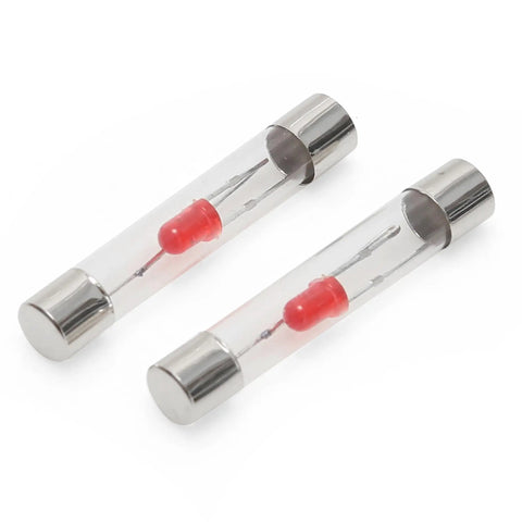 2 Piece Replacement Bulbs For Circuit Testers Works With 6V And 12V Systems Includes Heavy Duty Ground Clamp And Versatile Use In Other Testers Great For DIY Auto And Home Wiring Projects. Two clear glass and metal replacement bulbs with red interior components.