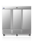 No Sweat Heavy Duty Commercial Reach In Upright Freezer 72 Cubic Feet Stainless Steel with three doors and LED lighting.