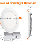 Ultra Thin 6 Inch Recessed LED Lights With Junction Box 12W dimensions with 0.4 inch thickness and 6.85 inch diameter