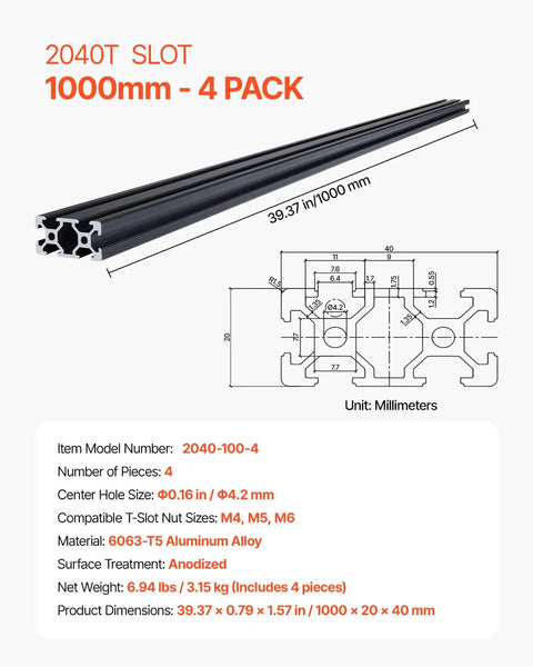 Four 39.4 Inch T Slot 2040 Aluminum Extrusion Profiles With Anodized Linear Rails European Standard Heavy Duty DIY Kit