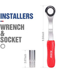 Heavy Duty Copper Pipe Press Tool Kit For 1/2 Inch And 3/4 Inch Viegas Propress Fittings Includes Socket Wrench And Cutters Compact Design With Led Light For Easy Access In Tight Spaces Perfect For Hvac Pros. Red and silver socket wrench with dimensions shown.