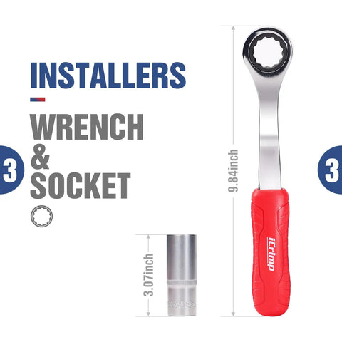 Heavy Duty Copper Pipe Press Tool Kit For 1/2 Inch And 3/4 Inch Viegas Propress Fittings Includes Socket Wrench And Cutters Compact Design With Led Light For Easy Access In Tight Spaces Perfect For Hvac Pros. Red and silver socket wrench with dimensions shown.