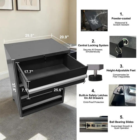 Badass Heavy Duty Garage Workbench Cabinet System With Lockable Drawers showing a close-up of central locking system and spacious drawers.
