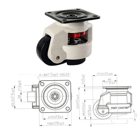 Heavy Duty Leveling Transport Casters GD-80F, 4 Pack With Swivel Plates, 500kg Capacity Per Wheel, Adjustable Workbench Support Wheels For Industrial Equipment And Heavy Machinery, Smooth Rolling Mobility, 70x70mm plate