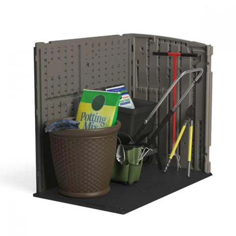 Interior view of 34 Cu Ft Horizontal Resin Storage Shed With Floor Included For Outdoor Use Weatherproof And Lockable Fits Small To Medium Trash Cans Generators And Garden Tools Stoney Black showcasing stored garden tools and supplies.