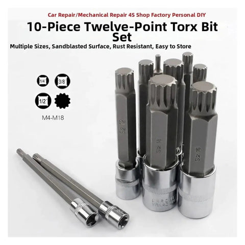 Premium 10pc S2 Steel Torx Star Bit Socket Set With Quick Wrench Driver For Heavy Duty Repair Jobs And Tough Rusty Bolts That Get The Job Done Right. 10-piece set, sizes M4-M18, with quick wrench driver