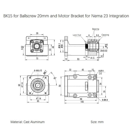 Technical diagram of BK15 for Anti Backlash SFU2005 1650mm Ball Screw Kit With 20mm Nut And Nut Housing CNC Setup.