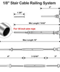 1/8 Inch Stair Cable Railing System dimensions showing swage toggle turnbuckle hardware for secure installation and optimal tension.