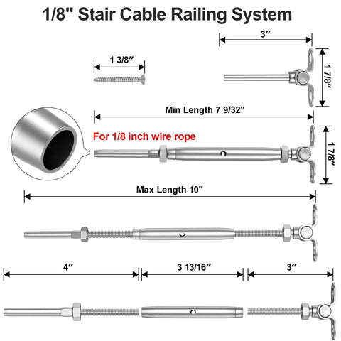 1/8 Inch Stair Cable Railing System dimensions showing swage toggle turnbuckle hardware for secure installation and optimal tension.