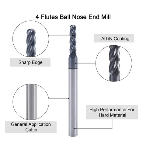 Carbide Ball Nose End Mill Bit 3/32 Inch Diameter 1/8 Inch Shank Four Flute CNC Router Bit highlighted with AlTiN coating for hard material cutting