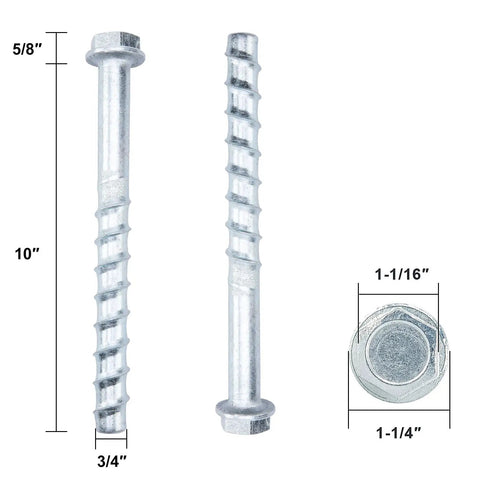 Top Tier Heavy Duty 3/4 Inch X 10 Inch Concrete Screw Anchors With Hex Head Design crafted from carbon steel and zinc coating.