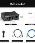 Q4 DAC Headphone Amp For PC And Home Audio Setup With USB Optical Coaxial Inputs, 3.5mm Headphone Output And RCA Speaker Outputs, Plug And Play Desktop Digital To Analog Converter For Richer Music, Gaming, And Movies. Includes DAC-04 unit, manual, and cables.