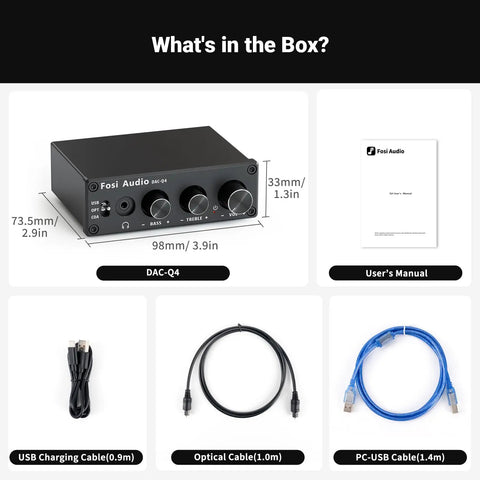 Q4 DAC Headphone Amp For PC And Home Audio Setup With USB Optical Coaxial Inputs, 3.5mm Headphone Output And RCA Speaker Outputs, Plug And Play Desktop Digital To Analog Converter For Richer Music, Gaming, And Movies. Includes DAC-04 unit, manual, and cables.