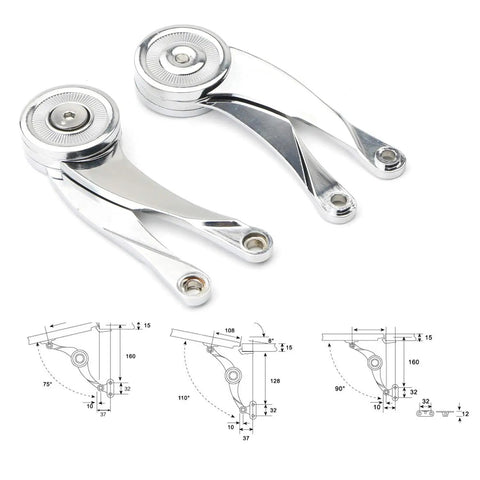 Top Shelf Zinc Alloy Lid Lift Supports With Zero Drag Soft Close Action, Heavy Duty Hardware For Cabinet Doors, two chrome lift supports with detailed adjustment diagrams.