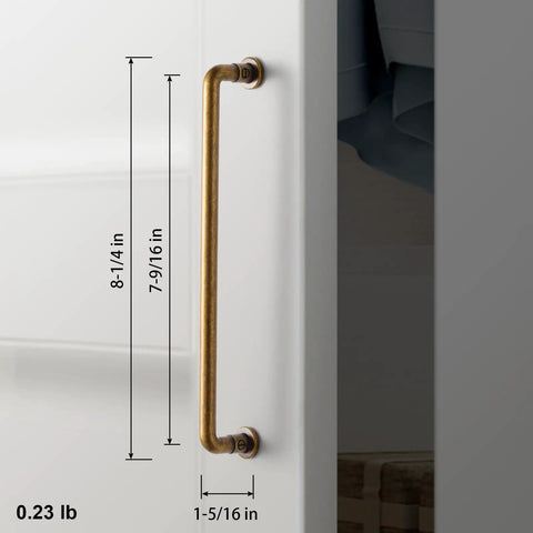 Antique Brass Cabinet Pulls 7 9/16 Inch Vintage Industrial Zinc Alloy Drawer Handles With Decorative Screw Detail on White Door