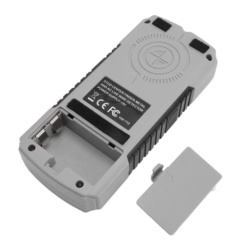 WALFRONT Stud Finder Wall Scanner LCD Display 3 Mode Handheld Sensor with battery compartment viewed from rear angle.