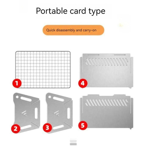 Components of Portable Foldable BBQ Grill With Carry Bag For One To Two People On The Go Mini Charcoal Grill For Camping Compact Stainless Steel Fire Pit Outdoor Grill For Backyard Hiking And Picnics displayed.