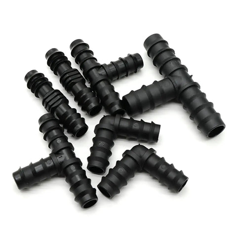 PE Pipe Joint Tee Straight Elbow Plug Greenhouse Irrigation Fittings Set For Micro Spray Hose Connectors 16mm 20mm 25mm Tee Elbow Bulk 50 Pieces DIY Garden Watering Kit, black plastic fittings