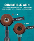 X-Lock 5 Inch General Purpose Grinding Wheel 36 Grit Type 27 for metal and stainless steel, tool-free quick change system displayed on angle grinder.