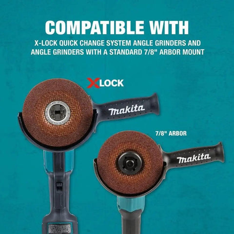 X-Lock 5 Inch General Purpose Grinding Wheel 36 Grit Type 27 for metal and stainless steel, tool-free quick change system displayed on angle grinder.