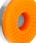 Close-up of a heavy duty leveler foot featuring thick non slip rubber base in bright orange for milling machines and lathes.