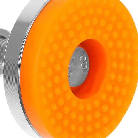 Close-up of a heavy duty leveler foot featuring thick non slip rubber base in bright orange for milling machines and lathes.