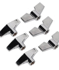 Stainless Steel Wing Nuts And T Nuts Set For Drum Hardware Fixing Cymbals And Stands viewed from above, shiny and metallic
