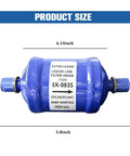Heavy Duty 1/4 Inch Flow Filter Drier For Automotive Heat Pump Cars sleek steel build, 6.14 x 2.5 x 3.8 inches, reliable refrigerant use.