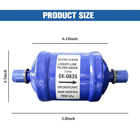 Heavy Duty 1/4 Inch Flow Filter Drier For Automotive Heat Pump Cars sleek steel build, 6.14 x 2.5 x 3.8 inches, reliable refrigerant use.