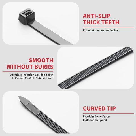 Heavy Duty Zip Ties 500 Pack Black Cable Ties In 8, 12, 14, 18 Inch Sizes, Ultra Strong 220 Lb Tensile Strength, Industrial Plastic Tie Wrap showcasing anti-slip teeth, smooth surface, and curved tip design features.