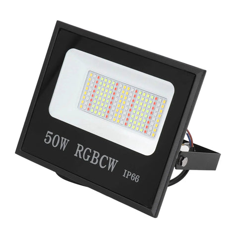 Close-up of SUNGOOYUE LED Flood Light RGBW Color Changing, 50W, black aluminum frame, designed for outdoor lighting.