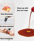 Visual demonstration of the Purple Marble Lazy Susan Turntable 24 Inch Round Dining Tray's heat, scratch resistance, and easy cleaning.